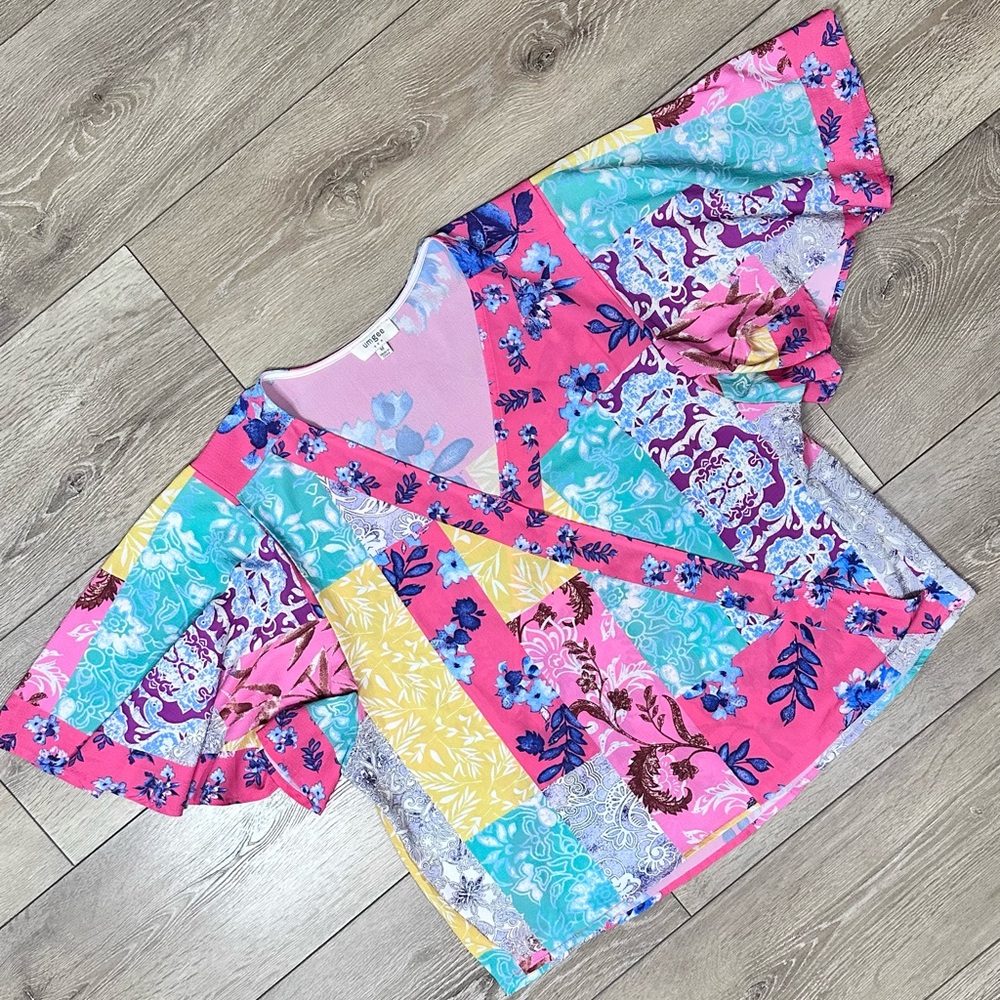 Umgee Mock Wrap Crossbody Flutter Sleeve Mixed Print Top - Picture 6 of 15